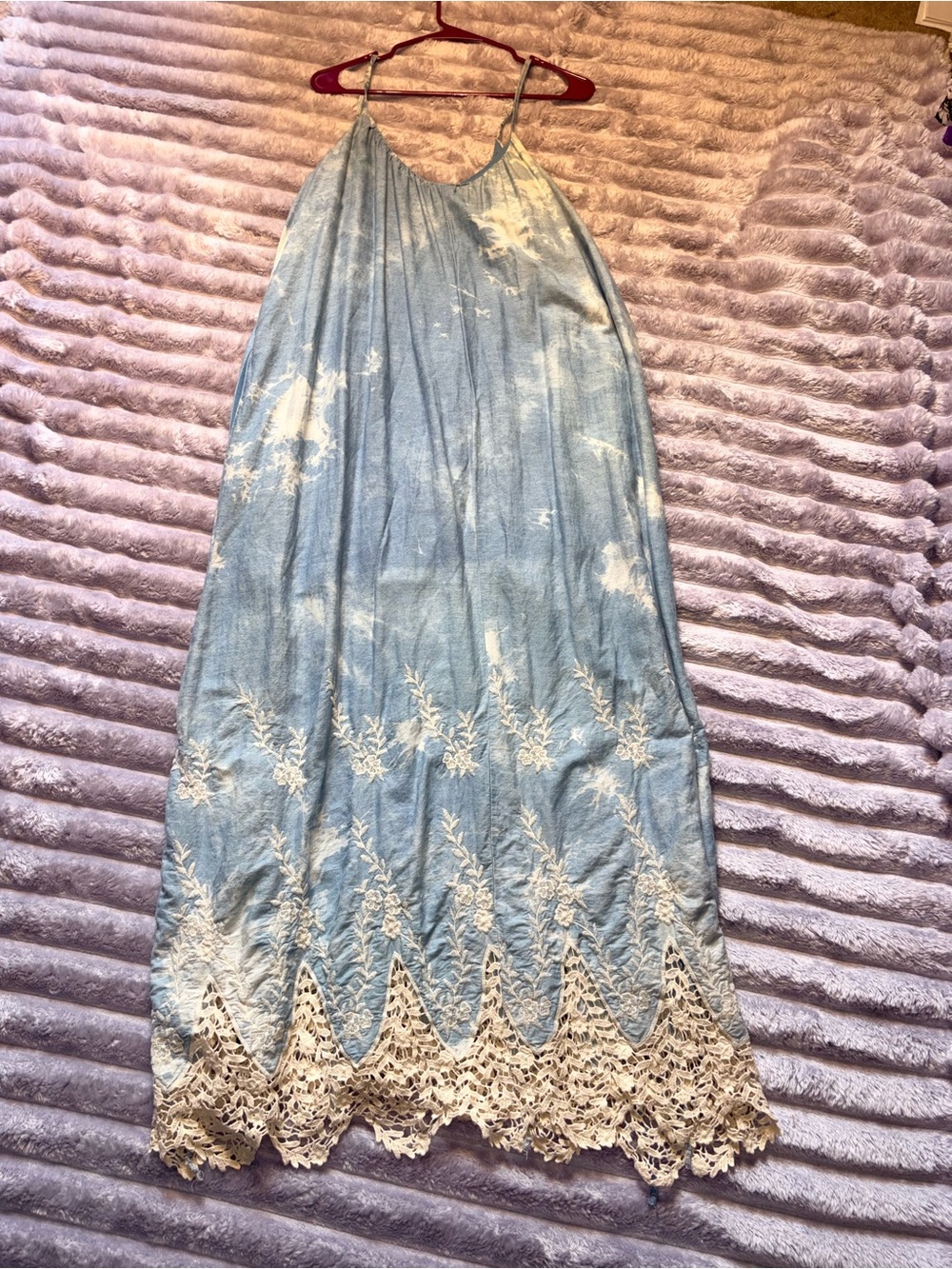 Line & Dot Light Blue Embroidered Lace-Hem Maxi Dress